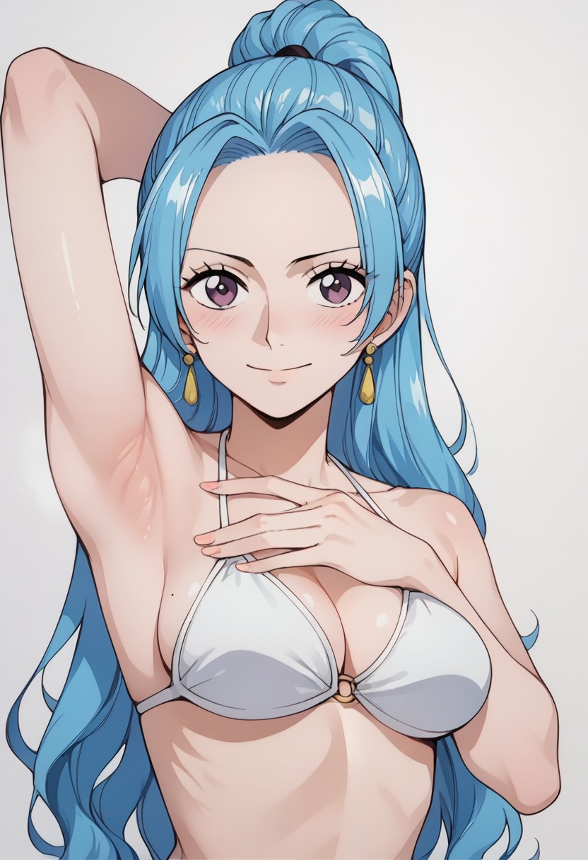 Masterpiece, Highest Quality, Score_9, Score_8_up, Score_7_up, source_anime. anime style. masterpiece, highres, absurdres. Best resolution.
1girl, solo. 
one piece vivi. nefertari vivi. bikini.
spreading armpit with hand.
hand on armpit