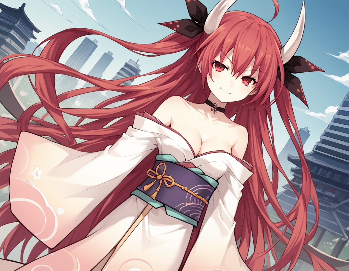 score_9, score_8_up, score_7_up, source_anime,
kotoriitsuka, <lora:kotori-itsuka-lightnovel-ponyxl-lora-nochekaiser:1>,
kotori itsuka, long hair, red eyes, very long hair, red hair, ahoge, ribbon, hair ribbon,
bare shoulders, japanese clothes, horns, choker, kimono, cleavage, wide sleeves, sash, obi,
cityscape, smile, smug,
looking at viewer, solo, cowboy shot, dutch angle,