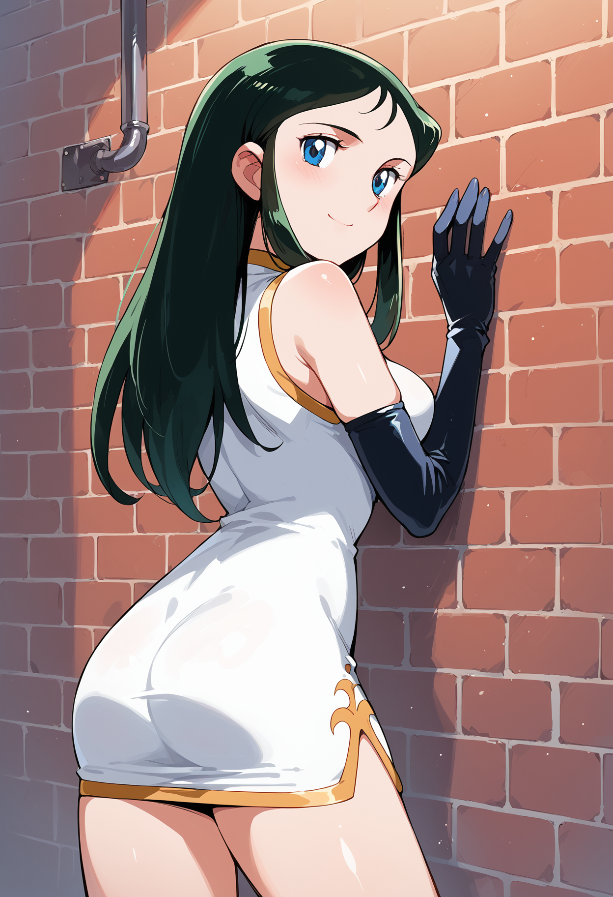 ginreigr, 1girl, solo,  black elbow gloves, long hair, , dark green hair,, cowboy shot, blue eyes, smile, looking at viewer, white china dress, standing, sleeveless, bare shoulders, ,minidress ,large breasts, from behind, looking back,  <lora:ginreigr_pony2:0.9>, against wall, brick wall, spotlight,, , score_9, score_8_up, score_7_up, score_6_up, score_ANIME,