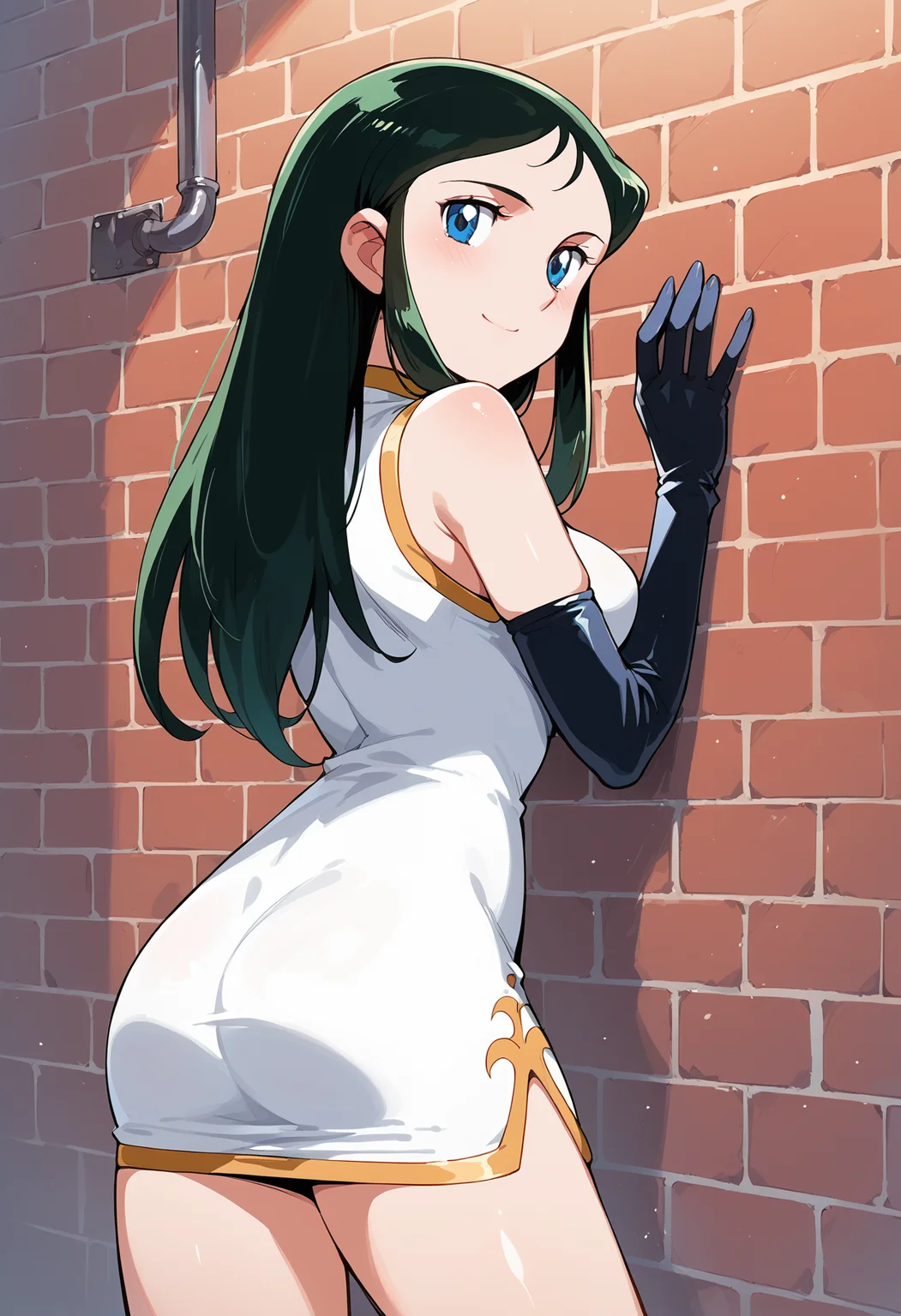 ginreigr, 1girl, solo, black elbow gloves, long hair, , dark green hair,, cowboy shot, blue eyes, smile, looking at viewer, white china dress, standing, sleeveless, bare shoulders, ,minidress ,large breasts, from behind, looking back, <lora:ginreigr_pony2:0.9>, against wall, brick wall, spotlight,, , score_9, score_8_up, score_7_up, score_6_up, score_ANIME,