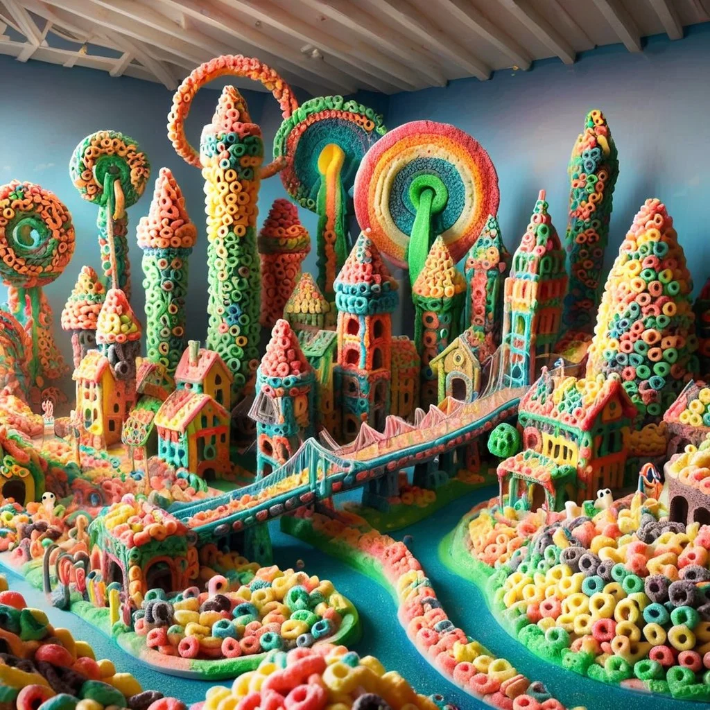 A beautiful theme park made of fruit loops, Rollercoast made of fruit loops. Magnificent, tall, mad design.