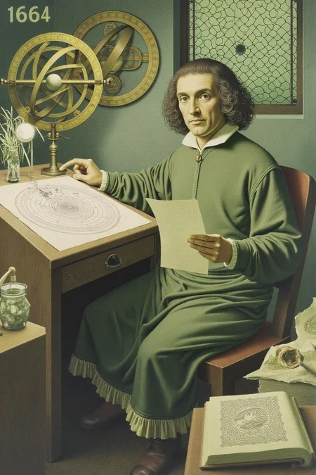 jeanleonhuens1 illustration.
Copernicus, an astronomer, is sitting at a desk, holding a piece of paper. The desk is cluttered with books, papers, and scientific instruments, including a globe and a scientific apparatus. A window with a grid pattern and a large astrolabe are mounted on the wall. The text "1644" is visible in the top left corner. <lora:jeanleonhuens1_ap_d6a3e12:1.0><lora:844821798278267824:0>