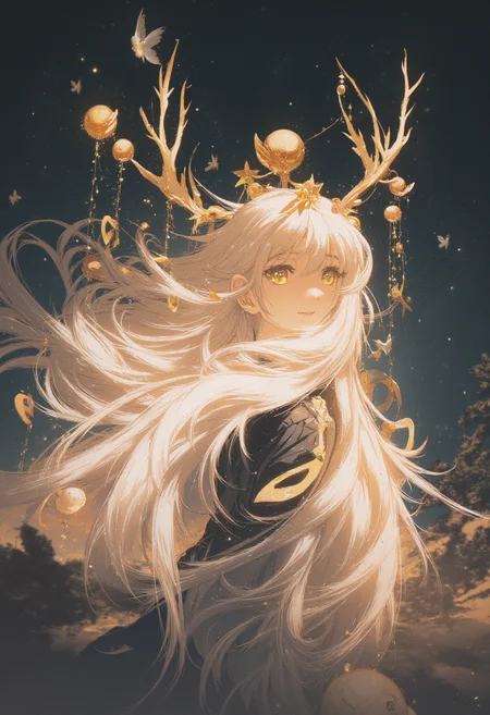 b74_aes,1girl,cowboy shot,beautiful face 1 female druid with antler,  (fish eyes lens,perspective,fluffy ears:1.2) , forest, glowing light particles, white hair,celtic knot, mythical hair bobbles, Gradient mastery, ink, gold decorations and alcohol ink elements,butterflies,Tyndall  effect,lens  flare,blush, light smile, (looking back,looking at viewer:1.2), floating long hair,Swinging,depth of field,overexposure,  dynamic pose,  detailed face, depth of field, anime style, 