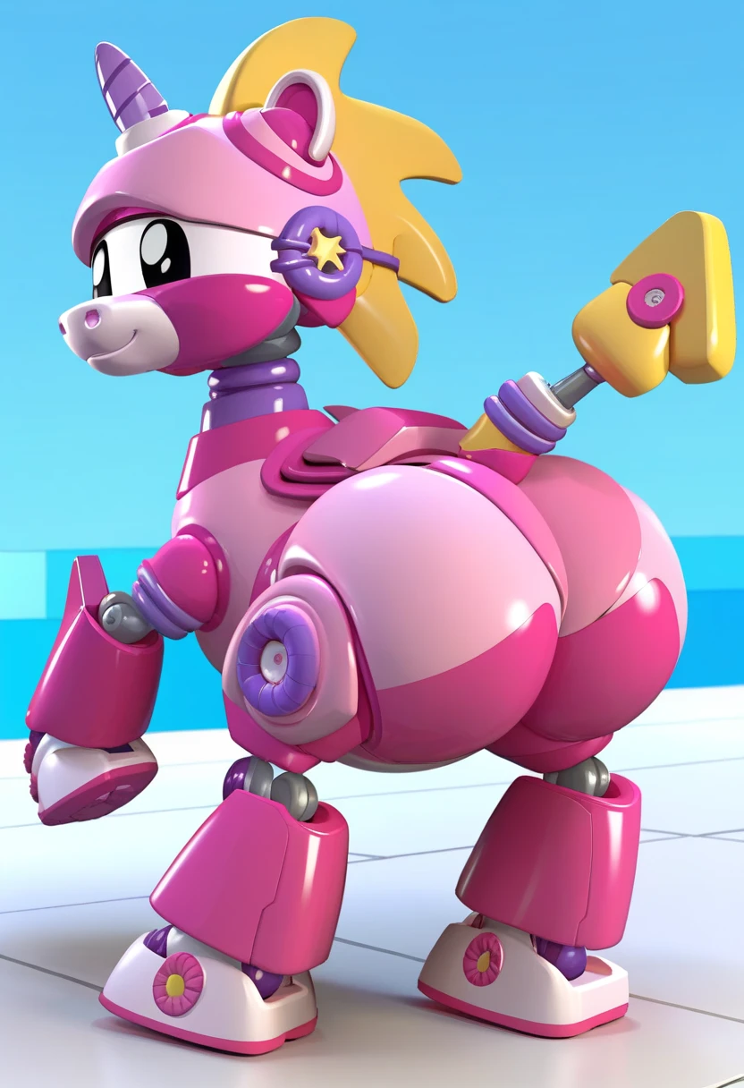 UnicoornAM, 1girl, unicorn, no humans, robot, mecha, black eyes, yellow mane, thunderbolt-shaped tail, White Muzzle, pink skin, solo, full body, Huge ass, ass focus, thicc thighs, smirk, looking at viewer