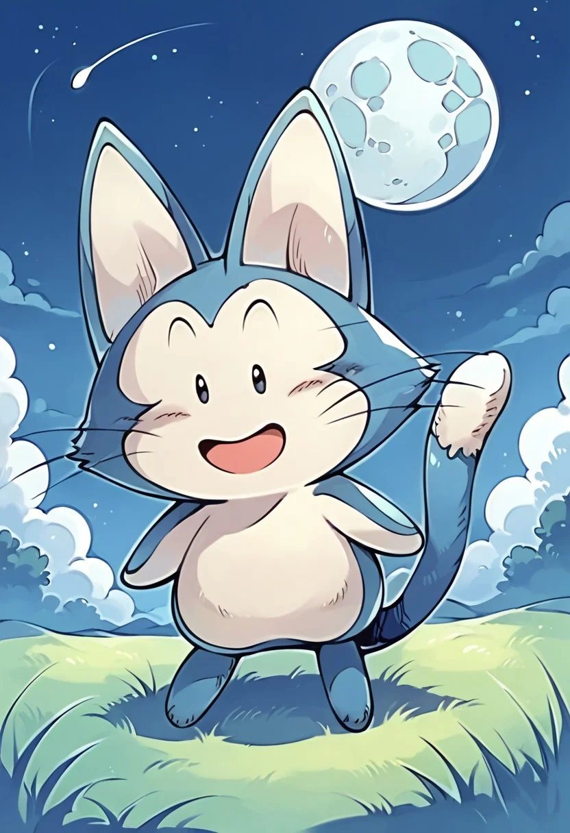 score_9, score_8_up, score_7_up source_anime, 1girl, solo, Puar_(DB), feral, cat, small body, two-tone fur, blue-cream fur, bunny ears, no sclera, black eyes, feline whiskers, cream tail tip, smile, grass, night, moon, (creativity:1.4),
