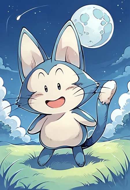 score_9, score_8_up, score_7_up source_anime, 1girl, solo, Puar_(DB), feral, cat, small body, two-tone fur, blue-cream fur, bunny ears, no sclera, black eyes, feline whiskers, cream tail tip, smile, grass, night, moon, (creativity:1.4),