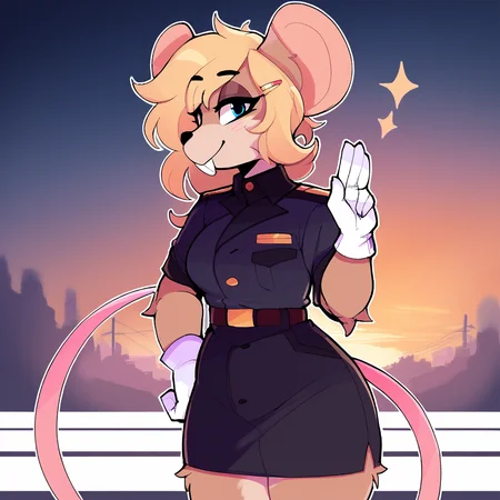 score_9_up, score_8_up, score_7_up, score_6_up, furry female, full-length portrait, by remanedur, ela novabay, female, furry, mouse, blue eyes, blonde hair, tail, white gloves, headgear, high heels, salute, gesture, looking at viewer, happy, hairclip, white navy uniform, naval uniform, standing, (solo), three-quarter view, head tilt, <lora:Leah_Pines(AIM)_XL_v1:1>, <lora:PDXL_artist_tags_v2_big:0.8> <lora:The-Minuscule-Task_PDXL_v1.0:0.8> <lora:Ela_Novabay_WirelessShiba:0.15>