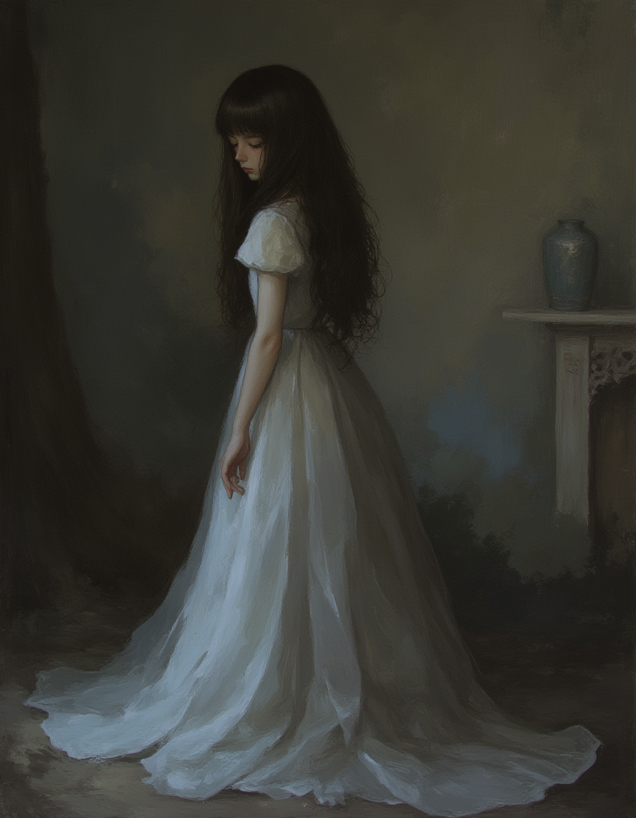 Minimalist oil painting a pale melancholy 12 year old princess in a Victorian dress, inside a well lit castle bedroom, focus on the girl, novuschroma, vantablack, niji_flux <lora:- Flux1 - vanta_black_V2.0:.8> <lora:113_novuschromaFLX_1:.4>  <lora:MoriiMee_Gothic_Niji_Style__FLUX_LoRA_Test_2:1> <lora:neeeg_f1:-1>