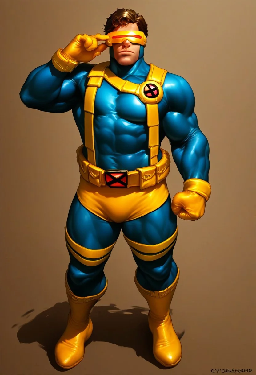 score_9, score_8_up, score_7_up, source_cartoon, solo, 1boy, x_cyclops, brown hair, visor, hero bodysuit, muscular, bara, standing, male focus, fullbody, hand turn on visor,