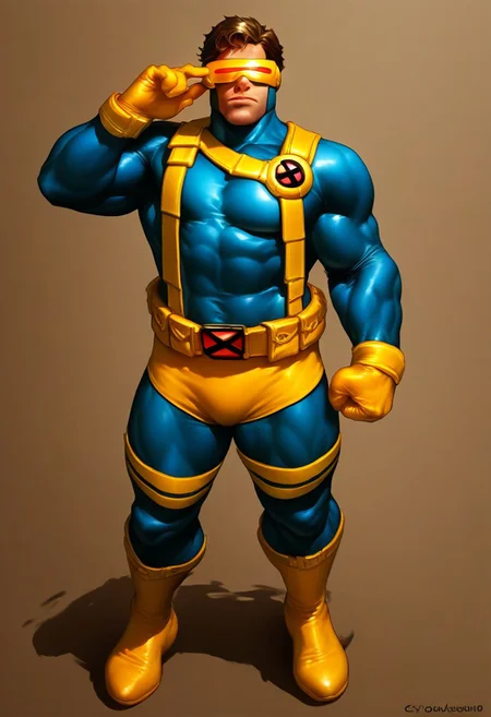 score_9, score_8_up, score_7_up, source_cartoon, solo, 1boy, x_cyclops, brown hair, visor, hero bodysuit, muscular, bara, standing, male focus, fullbody, hand turn on visor,
