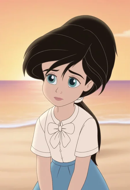 close up,melody,aqua eyes,thick eyebrowns,black hair,ponytail,white hairband,arms down,white shirt,white bowtie,blue skirt,sea,yellow sunrise beach background