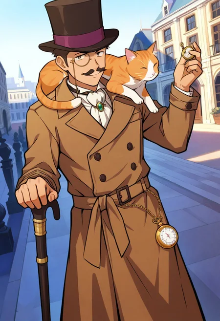 masterpiece, best quality, amazing quality, Bokun art style, victorian, male focus, outside, city,
BREAK 1boy, brown trench coat, pocket watch, cane, monocle, handlebar mustache, black cane, smile, top hat,
cat on shoulder, orange cat, top hat,