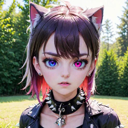 totless,1girl, outfit2, spiked collar , outdoor background, heterochromia