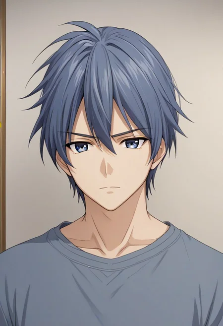 high resolution, solo, best quality, 1Boy, Tomoya Okazaki, Grey Blue Hair, portraits, looking at viewer, focused gaze forward, upper body, head upright, neutral expresion, OverallDetail