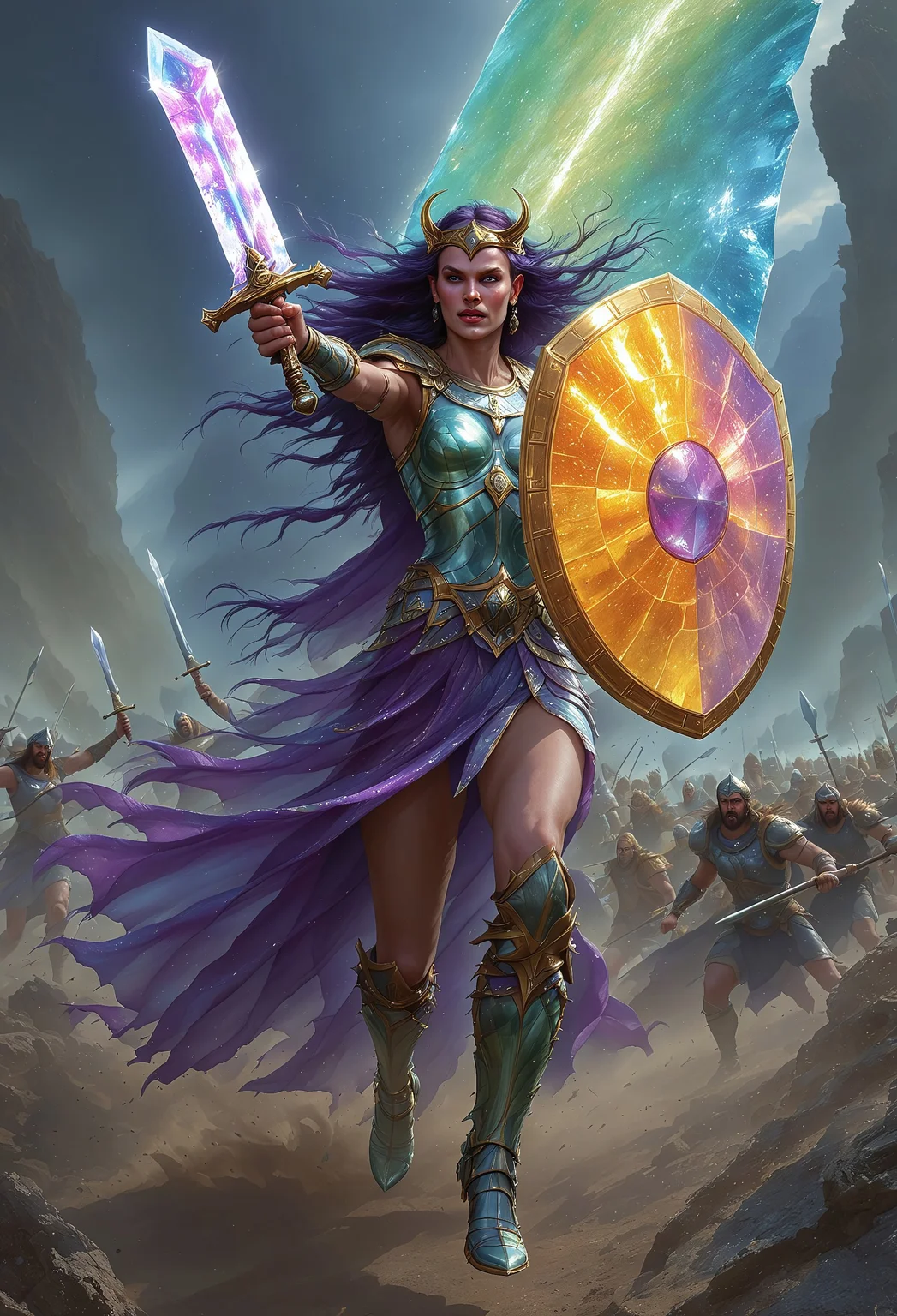 flu0rite, iridiscent, VALHERO shirldmaiden holding a fluorite mineral sword and iridescent shield and running during the Battle of Ragnarok