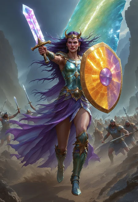  flu0rite, iridiscent, VALHERO shirldmaiden holding a fluorite mineral sword and iridescent shield and running during the Battle of Ragnarok 