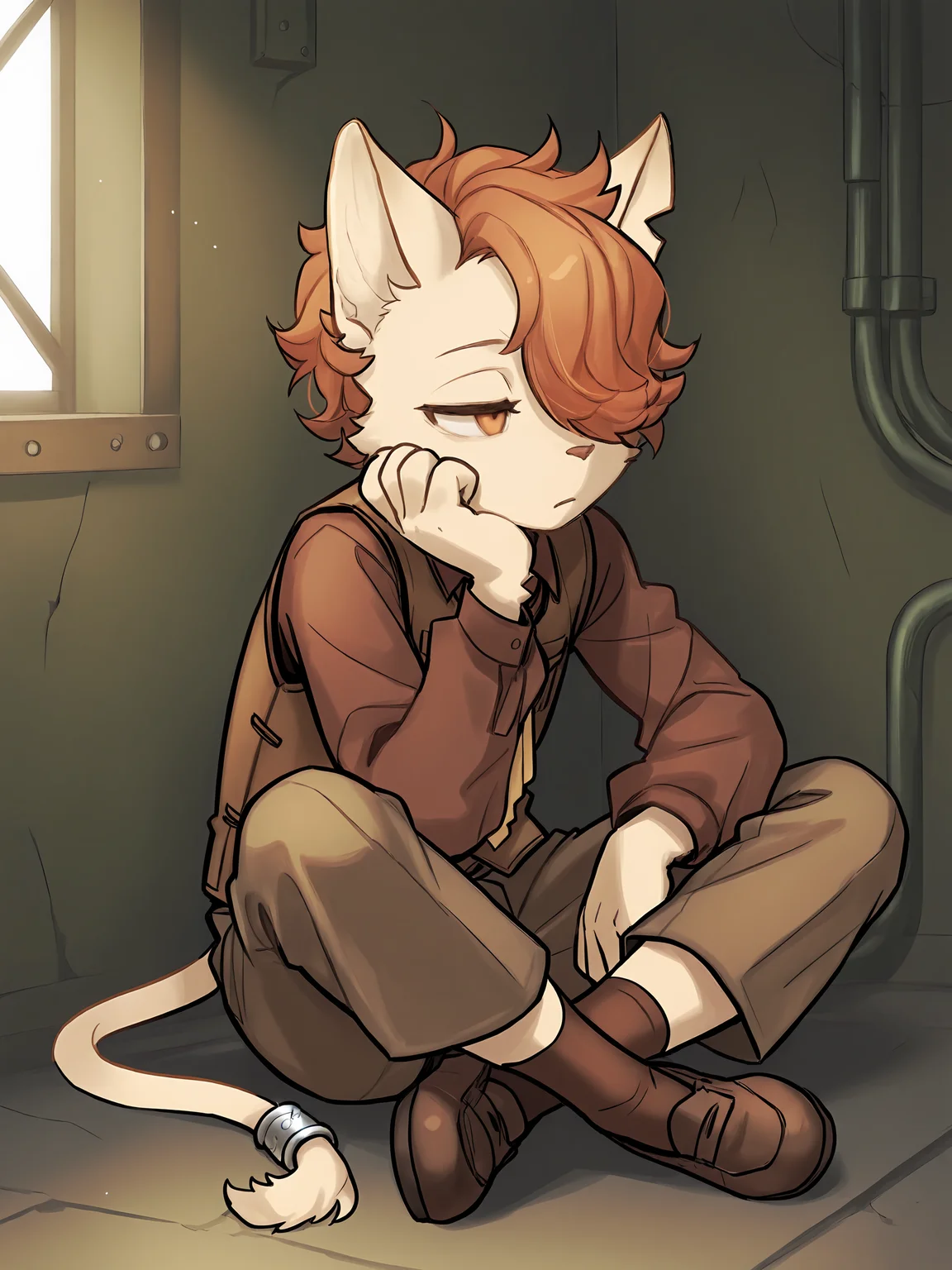 BREAK, <lora:Kyle_Bavarois_V1_Illustrious:1>, kyle bavarois, fuga: melodies of steel, kemono, furry male, cat boy, young male, 1boy, cream fur, short hair, orange hair, hair over one eye, orange eyes, animal ears, cat ears, cat tail, tail ring,
BREAK, Fuga 2 outfit, brown shoes, brown socks, brown pants, brown button-up shirt, long sleeves, brown vest, yellow necktie,
BREAK, (solo), inside, full body, sitting, legs crossed, looking away, tired, head on hand, narrowed eyes,