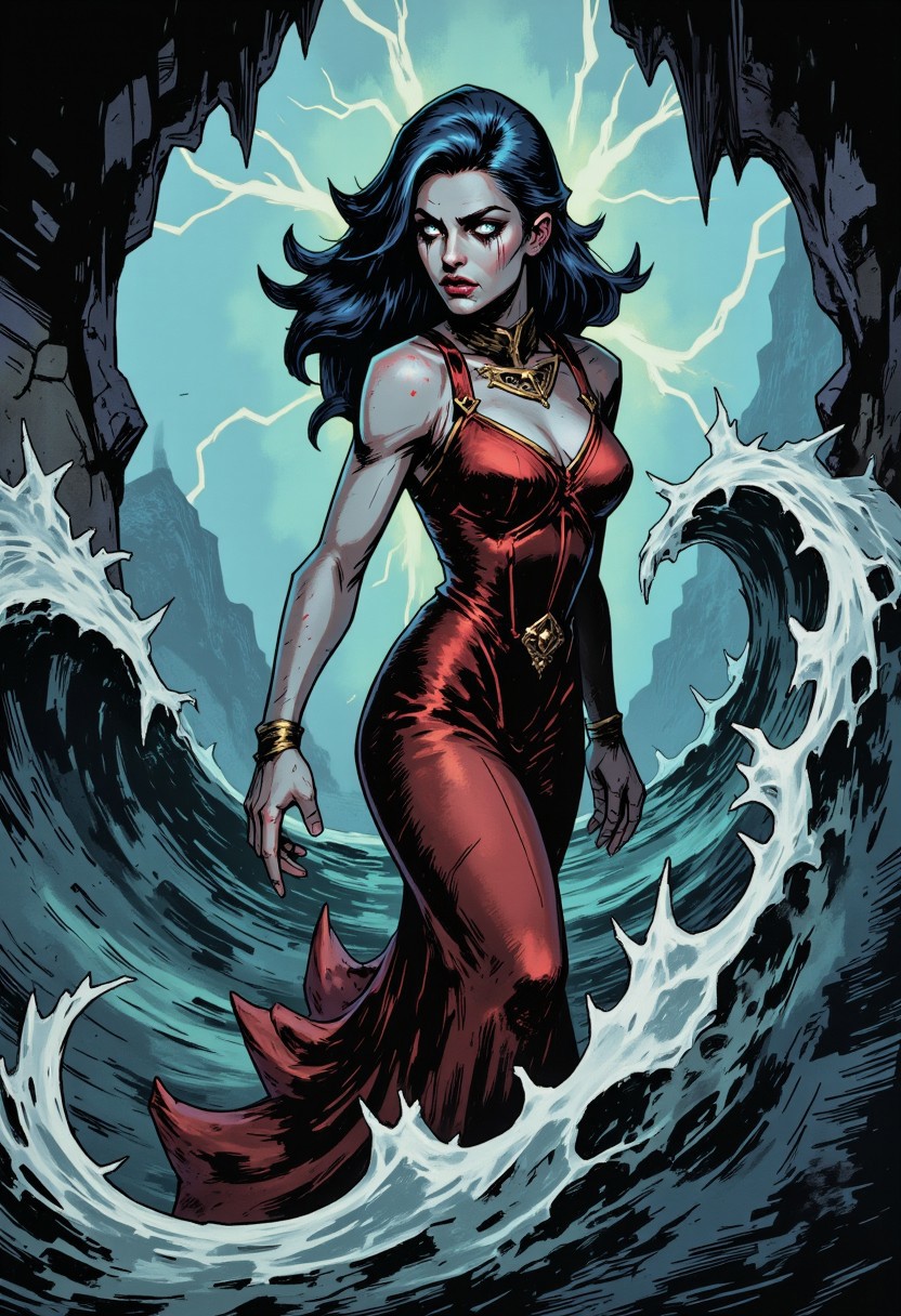 inked comic illustration in TTCSV1.0 artstyle that features A captivating siren, her form outlined against a stormy sea. Her hair, the colour of midnight, streams behind her like a dark, flowing wave. Her attire, a flowing crimson gown, accentuates the curves of her body. Her eyes, reflecting the stormy sky, hold a mesmerizing, dangerous allure. The sea around her is a maelstrom of dark waves and flashing lightning.