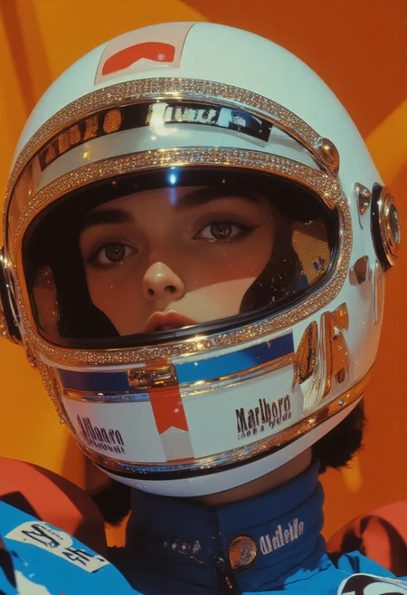 This image is a midshot portrait of a man captured in a retro aesthetic, exuding timeless charm and precision. The race car driver wears a glossy white helmet embellished with sparkling rhinestones and diamond simulants, arranged in elegant lines along the edges and integrated into the vibrant blue and red retro-style graphics adorning the helmet. The visor, partially lifted to reveal the man's intense, focused eyes, is similarly adorned with glimmering details, catching the light and adding a luxurious flair. A fitted white balaclava beneath the helmet, featuring a subtle black-and-white logo on the right side, frames his light to medium complexion. The Marlboro logo, styled in vintage red and white, is prominently displayed on the helmet's front, with a Bell logo on the left side adding authenticity. The blurred background features warm, muted orange and sepia tones, complementing the retro palette while drawing focus to the dazzling helmet and the driver’s determined expression. This image encapsulates a moment of poised anticipation, blending retro charm with the glamour of motorsport history.
