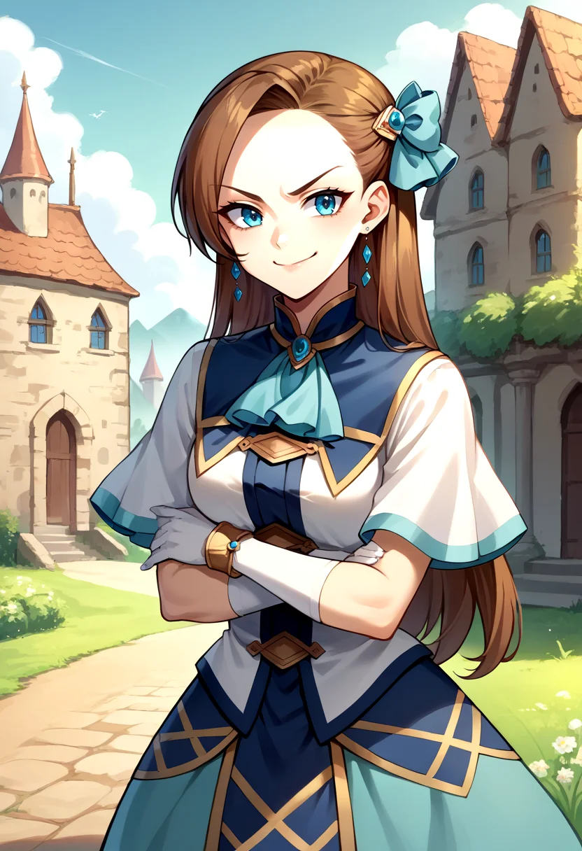 score_9, score_8_up, source_anime, 1girl, solo, KatarinaClaes, long hair, asymmetrical bangs, hair bow, earrings, blue dress, white sleeves, short sleeves, high collar, ascot, brooch, white gloves, bracelet, crossed arms, smile, smug, outdoors, villa, medieval, <lora:CHAR-KatarinaClaesPonyXL:1>