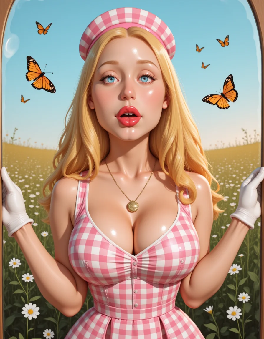 2.5D cel shaded image of <lora:American_Dad_-_Francine_Smith_v1-000039:1> ad-francine, She has long golden blonde hair, shiny blue eyes, wears makeup, a necklace, busty,
Pinned against a mirror, tongue out, fogged glass showing the curve of her breasts. flirty wink, teasing and playful A-line midi dress with a Peter Pan collar, in a pastel gingham check, accessorized with white gloves and a pillbox hat.
sunlit flower field with butterflies
vibrant, vivid hues blending seamlessly, rich and dynamic color spectrum, eye-catching brilliance, radiant and lively color, The lighting is soft yet dramatic. The film grain adds a tactile, grainy texture, enhancing the dreamlike quality of the scene.