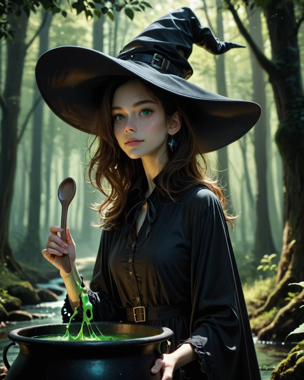 1score_9, score_8_up, score_7_up, intricate details, rating_safe,
<lora:Alenaaenami:1>,
1girl(human, cute little witch, solo, witch hat, holding a large wooden spoon, cowboy shot), standing next to large black cauldron, green glowing liquid bubling in the cauldron, in a dark forest, at night, dark night, shadows, outside, moonlit,
depth of field, detailed background,
<lora:ral-chrosc-clr:0.5>, ral-chrosc-clr,
<lora:Expressive_H:0.5>, expessiveH,
<lora:xl_more_art-full_v1:0.3>,
<lora:add-detail-xl:0.3>,