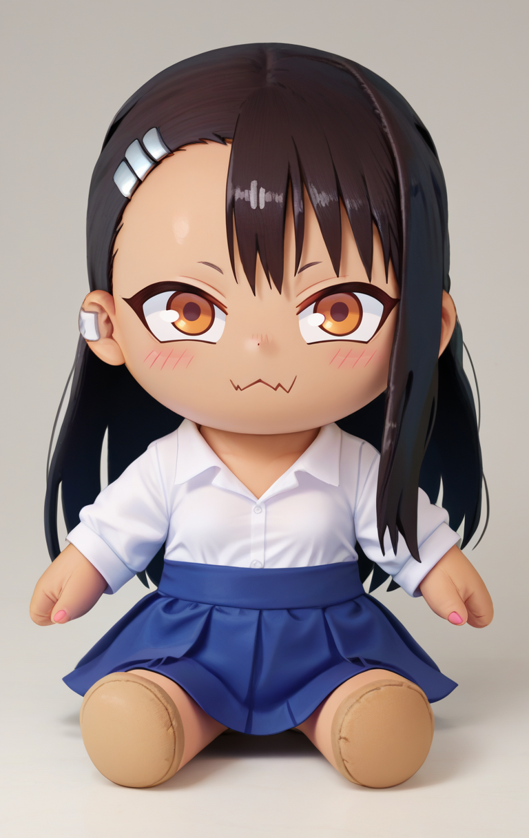 score_9,score_8_up,score_7_up BREAK <lora:plushie:1>,plushieSDXL,solo,chibi,white background,sitting,nagatoro_hayase, ijiranaide_nagatoro-san, black_hair, brown_eyes