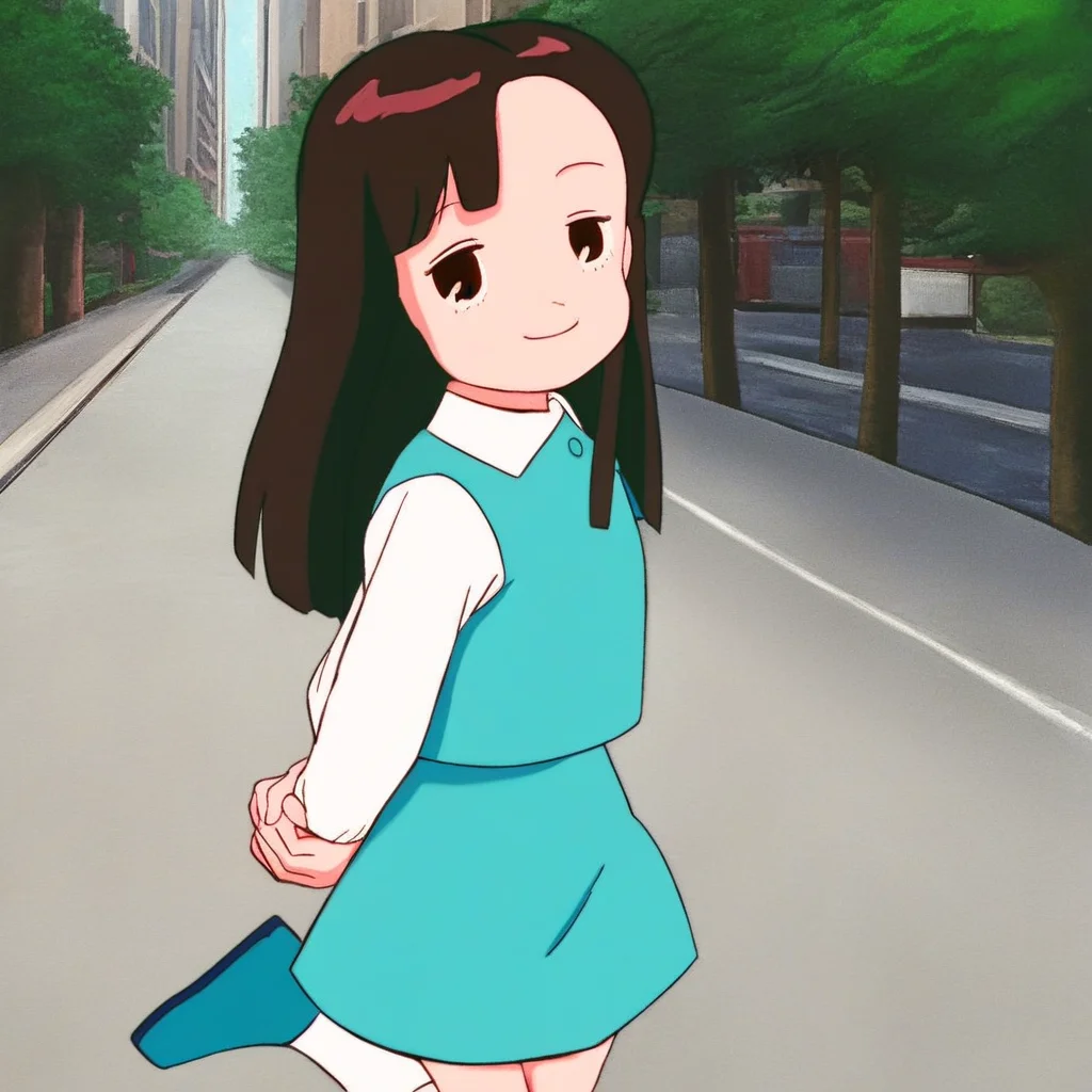 source_anime, 1girl, solo, ymktndo, black long hair, dark brown eyes, teal buttoned collared vest, white long-sleeves, teal skirt, white socks, blue shoes, looking at viewer, smile, closed mouth, hands behind back, half-closed eyes, streets, trees, outdoors