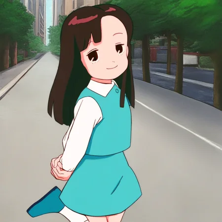 source_anime, 1girl, solo, ymktndo, black long hair, dark brown eyes, teal buttoned collared vest, white long-sleeves, teal skirt, white socks, blue shoes, looking at viewer, smile, closed mouth, hands behind back, half-closed eyes, streets, trees, outdoors