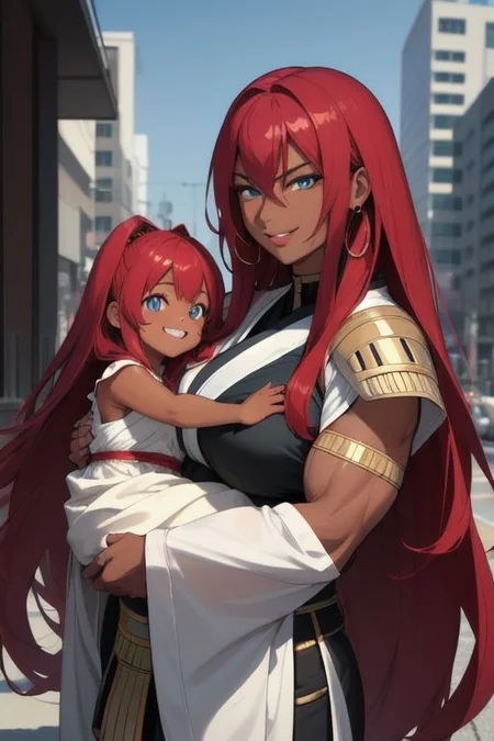 masterpiece, best quality, ultra realistic, 8k uhd, very high quality, extremely detailed face:, very dark skin and very muscular Egyptian-Japanese mother walking with her very dark skin young girl, holding each other's hand, both are smiling and happy, both have very dark skin as well as bright blue eyes and absurdly long ruby red hair, super long ruby red hair, muscles, city environment