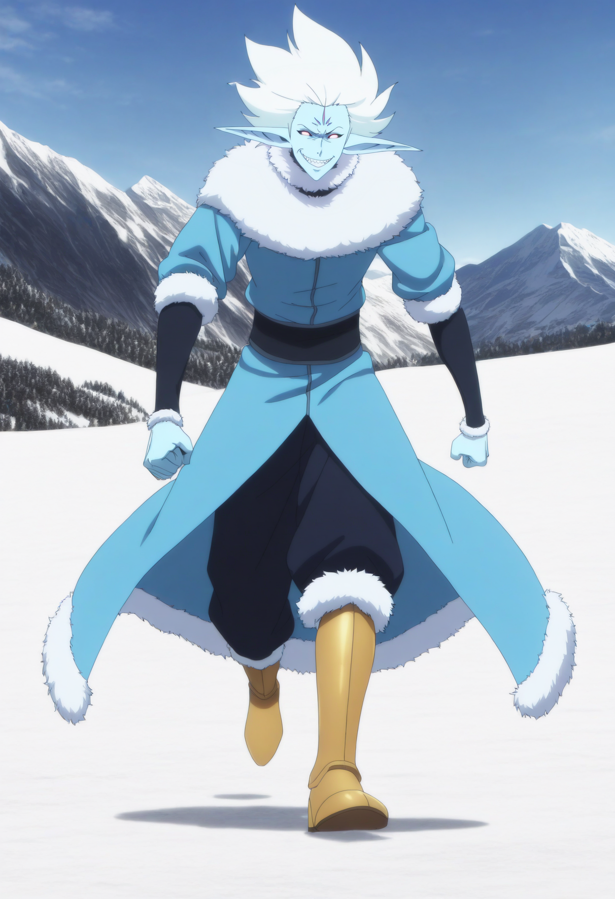 highres,absurdres,masterpiece,best quality,(anime screencap:0.5), 1boy, ice elves, baruka, mark on forehead, pointy ears, solo, blue skin, white hair, white eyes, evil smile, fur trim, glowing red eyes, detailed image, detailed line art, anime screencap, sharp line art, black shading, (manhwa style:1.2), snow, cinematic composition, full body, <lora:anime_screencap:1> anime screencap, anime coloring, best quality, high contrast, detailed background, evil look, snowing, mountain range, blue sky, snow mountians, anime background, glowing red eyes, <lora:Ice_Elves_Baruka- Illustrious:0.8> <lora:MeMaxV3TypeC_ill:0.6>