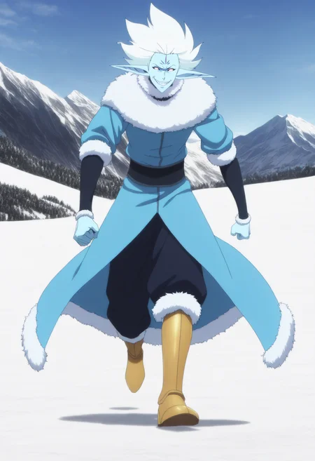 highres,absurdres,masterpiece,best quality,(anime screencap:0.5), 1boy, ice elves, baruka, mark on forehead, pointy ears, solo, blue skin, white hair, white eyes, evil smile, fur trim, glowing red eyes, detailed image, detailed line art, anime screencap, sharp line art, black shading, (manhwa style:1.2), snow, cinematic composition, full body, <lora:anime_screencap:1> anime screencap, anime coloring, best quality, high contrast, detailed background, evil look, snowing, mountain range, blue sky, snow mountians, anime background, glowing red eyes, <lora:Ice_Elves_Baruka- Illustrious:0.8> <lora:MeMaxV3TypeC_ill:0.6>