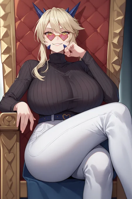 score_9, score_8_up, score_7_up, score_6_up, source_anime, 1girl <lora:lanceralter-pdxl-nvwls-v1:1> laltr, pale skin, light blonde hair, braid, yellow eyes, horns, huge breasts, black sweater, turtleneck sweater, smirk, belt, white pants, sitting, throne, crossed legs, looking at you, head rest, heart-shaped glasses