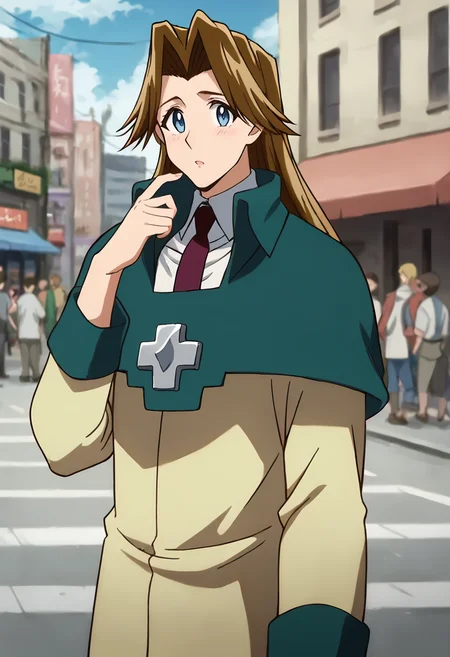 score_9, score_8_up, score_7_up, masterpiece, source_anime, 1girl, ct_m1lly, long hair, brown hair, blue eyes, green capelet, beige coat, white collared shirt, red necktie, large breasts, hand up, outdoors, depth of field, city, looking at viewer, cowboy shot,<lora:MillyThompson_Pony_ct_ver3-000008:0.9>