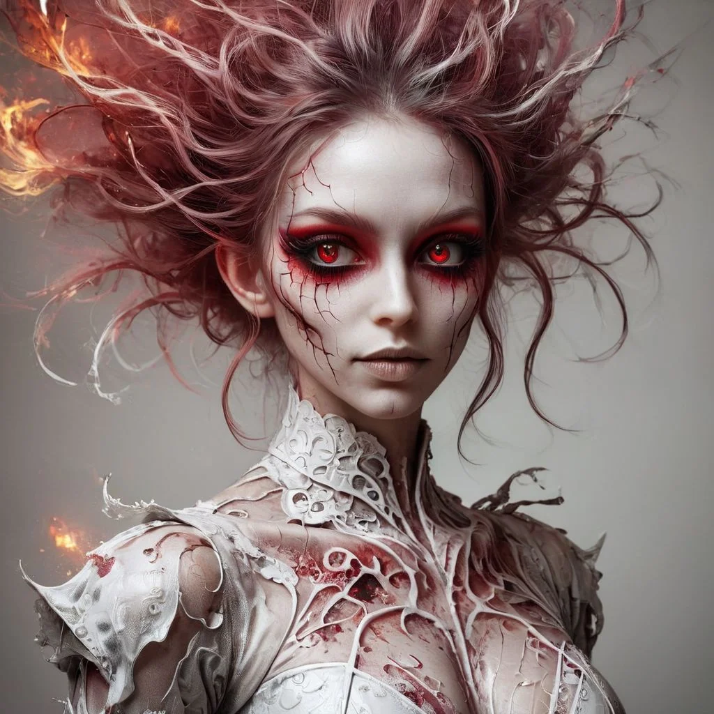 Hyperrealistic, digital art ((full body shot)), ((beautiful curvy demonic cyborg woman), (slcn breasts)), ((sexy clothes)), (white skin, red hair, devilish grin, devil eyes, boots), (((nose ring), (lip ring))), (red organic rot DonMD3m0nXL)), ((standing in a detailed art studio up to no good wicked fun, rainbow splatter, fantastical whimsical horror)), ZIP2D, ziprealism, SK_DIGITALART
