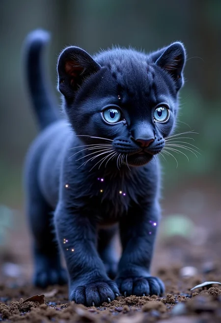Imagine a pet that is a small panther cub infused with the cosmos. Its fur is a deep, velvety black, but as it moves, its coat shimmers with swirling galaxies, constellations, and distant stars. The creature’s eyes glow like twin moons, shifting between silver and deep purple, and its claws leave faint traces of stardust wherever it walks. Its body moves with feline grace, but when it runs, it appears to phase in and out of reality, leaving behind trails of nebula-like mist. The creature is both mysterious and majestic, a loyal companion to any star-gazing mage.