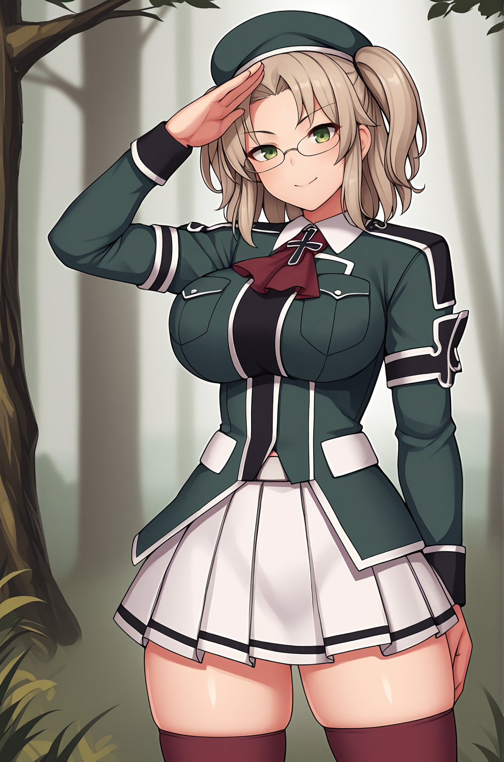 anime artwork, score_9, score_8_up, score_7_up, score_6_up, score_5_up, score_4_up, source_anime, BREAK, thick outline, fat outline,
Imu_XL, green eyes, glasses, platinum hair, twintails, two side up, large breasts, BREAK, Imu_shinobi, beret, neckerchief, military uniform, long sleeves, white skirt, brown legwear, boots, belt, BREAK, forest, standing, salute,
<lora:Imu_XL:0.7>
<lora:PersonalAmi_PonyXL:1.0>