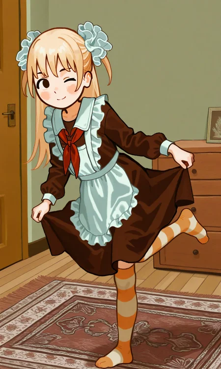 1girl, Nika, blonde, long hair, frilled apron, frilled hair scrunchie, red neckerchief, brown dress, stripped thighhigs, standing on one leg, dress lift, smile, one eye closed