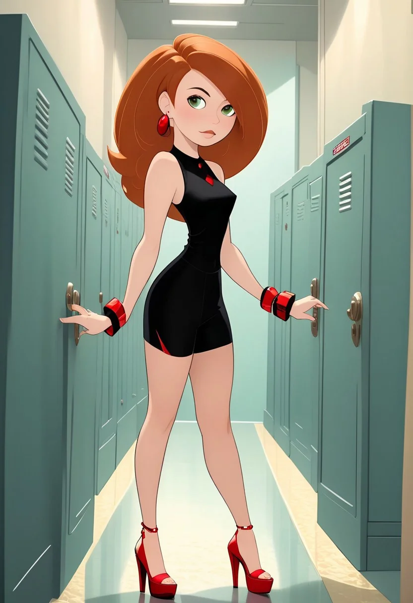 (masterpiece, best quality, skin enhance), BREAK,
Kim, Black dress, red high heels, red earrings and bracelets, locker room, short, athletic, small breasts, blushing, shorts, expressiveh, close up view down shirt, bent over, chest focus view, view down open shirt, boobs hanging down,