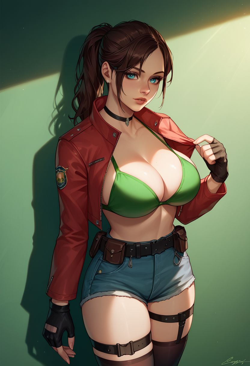 score_9, score_8_up, score_7_up, western cartoon, volumetric lighting, dramatic lighting, g0thicPXL, fFaceDetail, ultra detailed, beautiful face, (green ambient light:1.5), (big breasts:1.5), (1 girl:1.5), claire redfield, brown hair, ponytail, blue eyes, (police uniform:1.5), long sleeves, (bikini bra:1.5), (eyeshadow), (blue thigh highs), (cotton legwear:1.5), (black legwear:1.5), earrings, beautiful eyes, (tactical boots:1.5), (jean shorts:1.5), (military encampment:1.5), (choker), (ambient lighting), (fingerless gloves:1.5), (leg strap:1.5), (tactical belt:1.5), (focused expression:1.5), (training:1.5), (red jacket:1.5), (standing:1.5), (next to wall:1.5)
