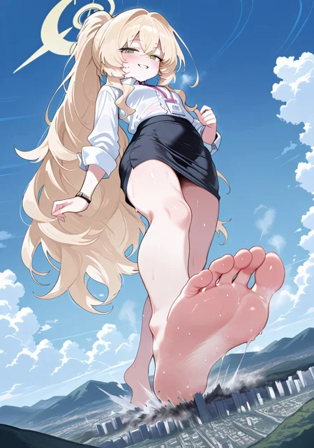 giga size, mega size, landscape, cityscape, extremely tiny city, from below, feet focus, foreshortening, clouds, impact, smug, standing,walking, feet crushing, destruction, impact, ass destruction, feet destruction, blue sky, outdoors, steaming body, sweat, steam, steamy, musky, (sweat steam:1), view from below, 

professor niyaniya \(teacher\) \(blue archive\), looking at viewer, green eyes, parted lips, smile, blonde hair, ponytail, long hair, yellow halo, small breasts, wristwatch, id card, white shirt, collared shirt, long sleeves, black skirt, pencil skirt, 

masterpiece, best quality, amazing quality