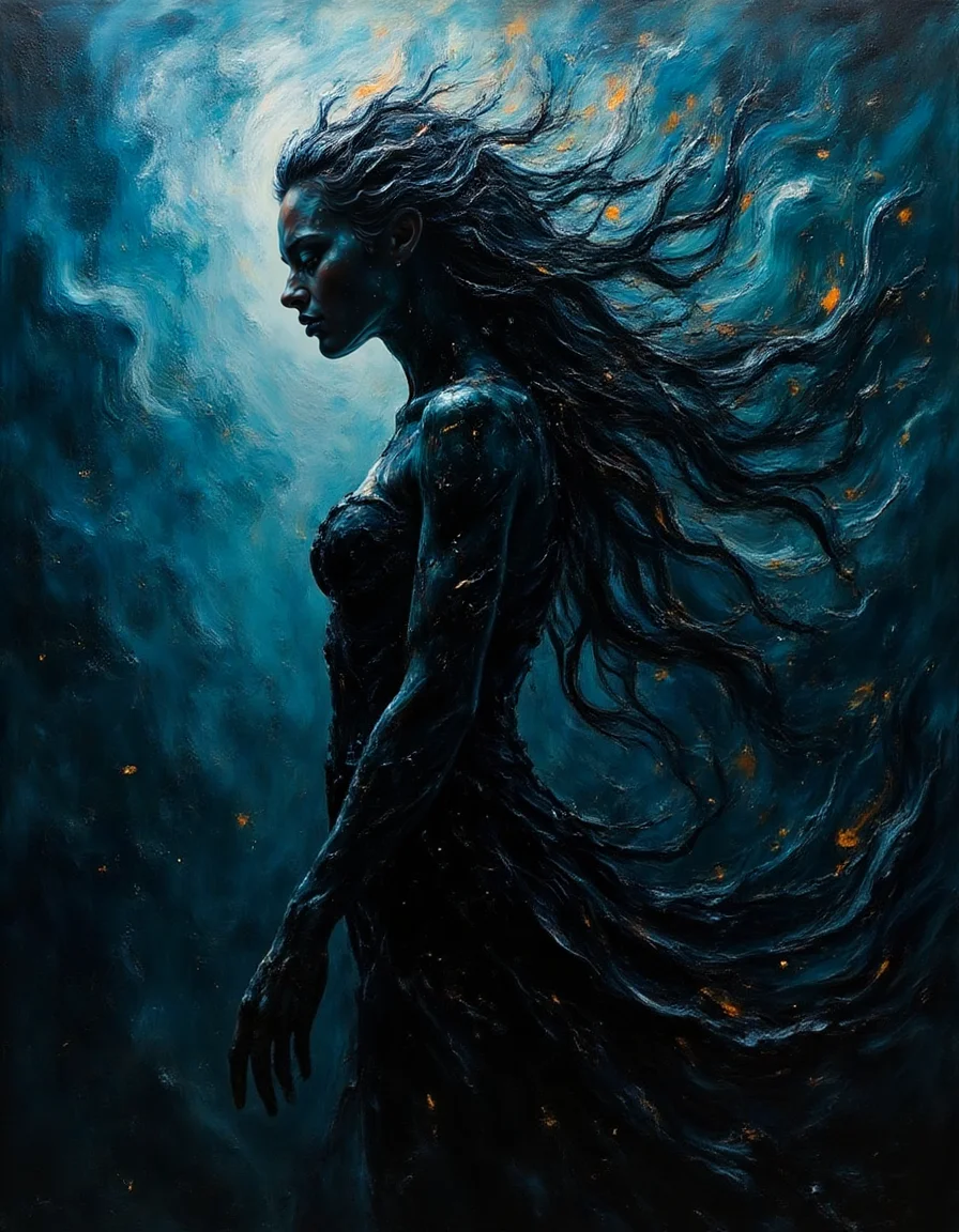 oil painting, Nyx visualized as a mystical entity, goddess of night, composed of dark smoke and glimmering nebulas, shadows clinging to parts of her forming a ghostly robe, faint constellations mapped across her silhouette, captured in a dynamic pose with wisps of darkness extending outwards, utilizing a shallow depth of field to focus on her enigmatic face, detailed with subsurface scattering to mimic glowing dark matter. <lora:users_LORA_813051100545528995_9d1cbeb7-9c1b-45ed-be86-4e94886b000b.TA_trained:1>