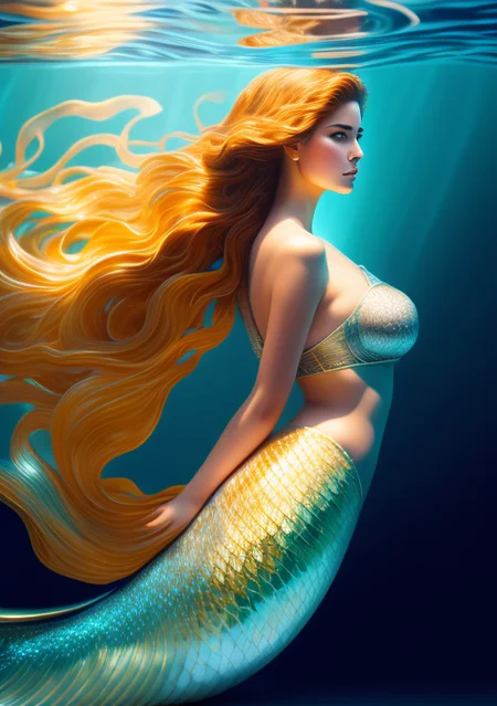 mermaid, flowing, water, shimmering, light, sunlight reflecting, ocean background, underwater, fish background, sea_floor, flowing_hair, scales, tail, fins, masterpiece, best quality, epic lighting, cinematic composition, hyperrealistic, (game cg:1.2), CG, wallpaper, HDR, high quality, high-definition, extremely detailed, (1girl:1.5), solo, dynamic pose, full body, hyper detailed illustration, gorgeous, elegant, intricate, alluring, stunning, award winning, (5400k color temperature), realistic, sharp focus, 8k high definition, intricate, highly detailed, high resolution, realistic digital painting, HDR, by Norman Rockwell and Alphonse Mucha and Artgerm