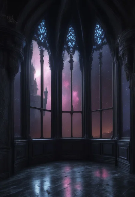 an abandoned Gothic castle with views of extraterrestrial galaxies from the windows. 4k, high-detail hyperrealism, HD quality, high-detail masterpiece. 4k, high-detail hyperrealism, HD quality, high-detail masterpiece