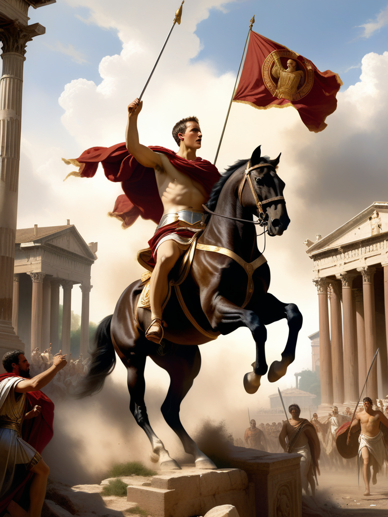 <lora:05ClassicalArt_Hap_XL:1>, William-Adolphe Bouguereau style, Julius Caesar, elevated on a rearing steed, triumphantly brandishing a flag, mid-gallop through the Roman Forum, chaotic yet grandiose, dust clouds billowing, digital painting, ultra realistic, dramatic lightingï¼