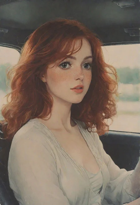 Muse and goddess of cinematic photo photo of a 30yo redhead smiling woman, driving in a convertibal car, long hair flutters in the wind, freckles, sunglasses, bright sunlight, <lora:JuggerCineXL2:1> . 35mm photograph, film, bokeh, professional, 4k, highly detailed, languid, otherworldly color ink drawing by Abigail larson, Egon Schiele, Bill Sienkiewicz, Moebius,black and white,