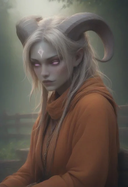 (absurdres, best quality, masterpiece:1.4), score_9, score_8_up, score_7_up, score_6_up, detailed, detailed body, detailed face, world of warcraft, fantasy, <lora:add-detail-xl:1.5>,
culDraenei, purple eyes, no sclera, no pupils,
(orange robe, orange silk scarf), sitting on fence,
upper body,
outdoors, forest