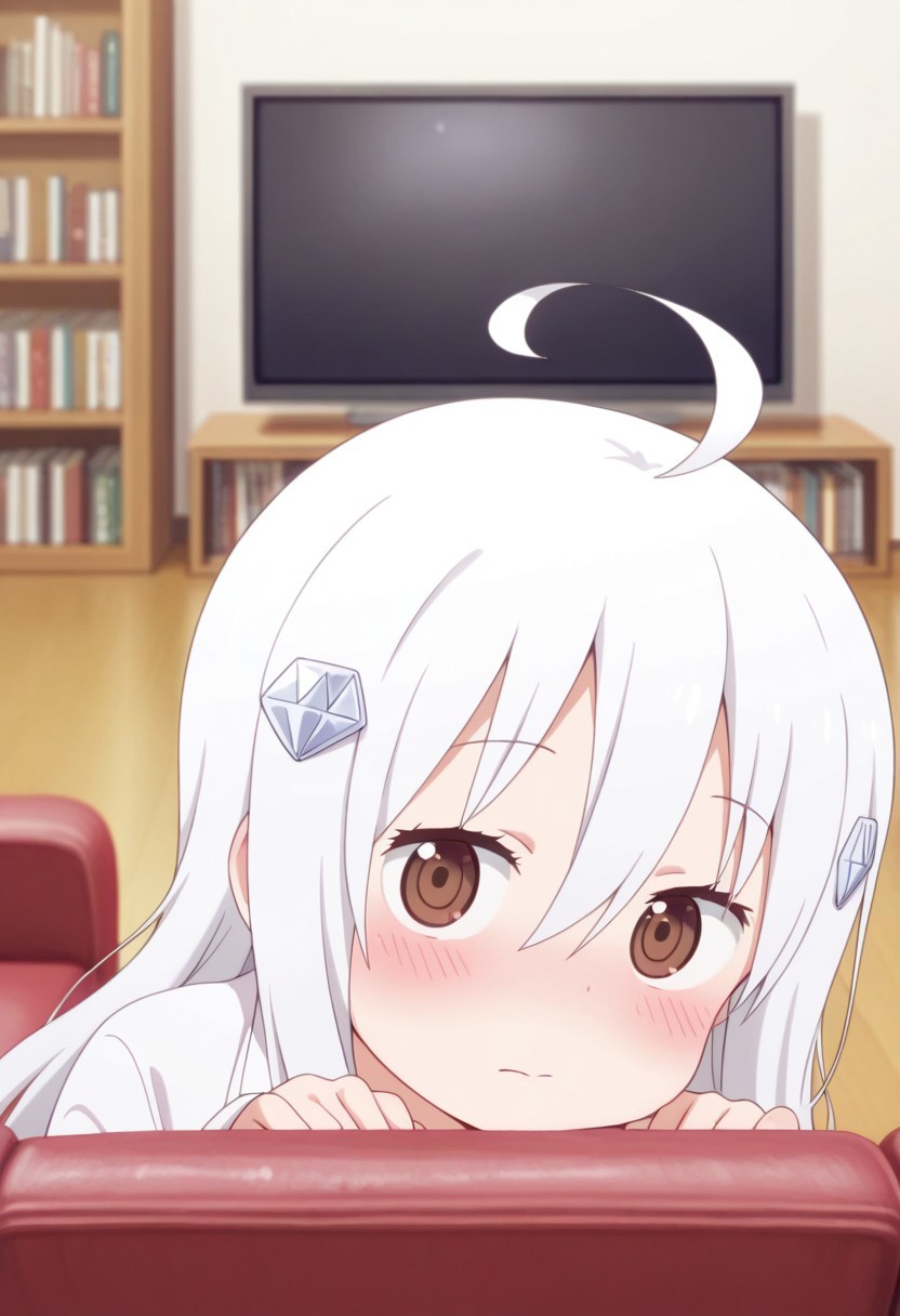 masterpiece,best quality,amazing quality, hikari kongo, long hair, white hair, brown eyes, 1girl, solo, ahoge, hair ornament, blush, indoors, blurry, blurry background, hair between eyes, couch, bookshelf, looking at viewer, closed mouth, television