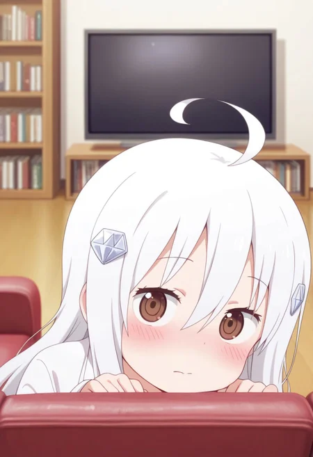 masterpiece,best quality,amazing quality, hikari kongo, long hair, white hair, brown eyes, 1girl, solo, ahoge, hair ornament, blush, indoors, blurry, blurry background, hair between eyes, couch, bookshelf, looking at viewer, closed mouth, television