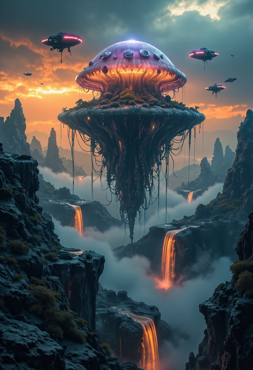 Dark and moody yfg-daak, Breathtaking masterpiece. A surreal landscape featuring a giant floating jellyfish-shaped island, glowing softly against an ethereal sky, waterfalls cascading from its tendrils into the clouds below, tiny airships circling like curious birds, hyper-detailed environment, grand illumination, cinematic fantasy concept art, intricate rendering, a masterpiece of imaginative wonder.